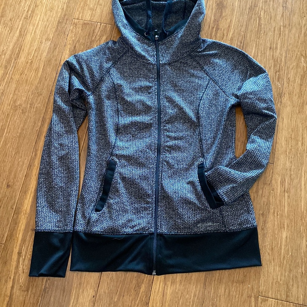 Eddie Bauer, zip up hooded long sleeve shirt with thumb holes activewear